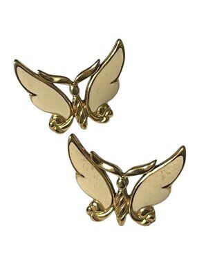 Vintage Trafari Pierced Earrings Butterfly Shape Gold Tone Cream Enamel  80s 90s